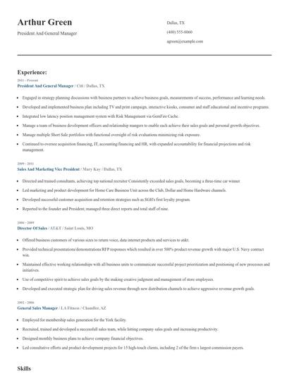 President And General Manager Resume