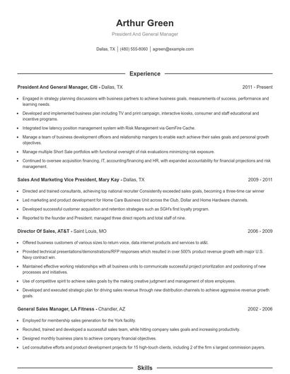 President And General Manager Resume