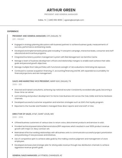President And General Manager Resume