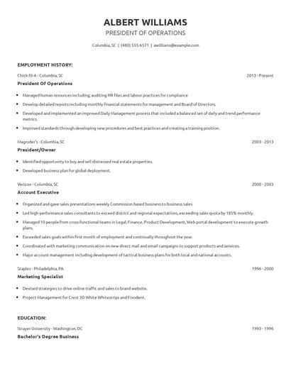 President Of Operations Resume