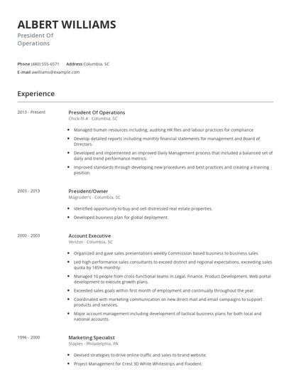 President Of Operations Resume