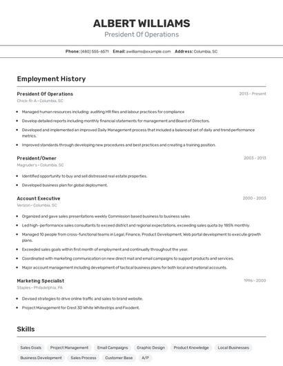 President Of Operations Resume