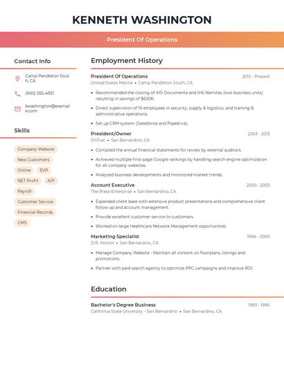 President Of Operations Resume