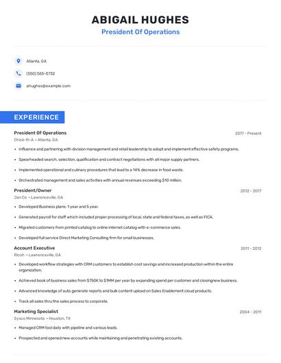 President Of Operations Resume