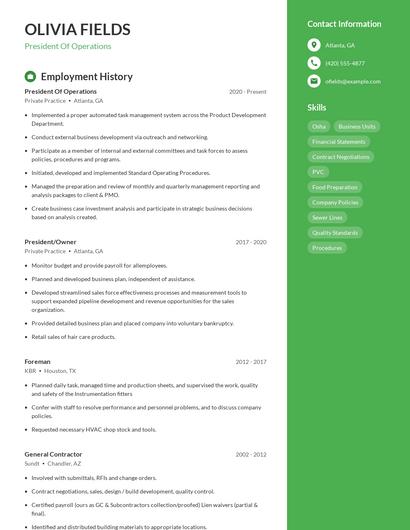 President Of Operations Resume