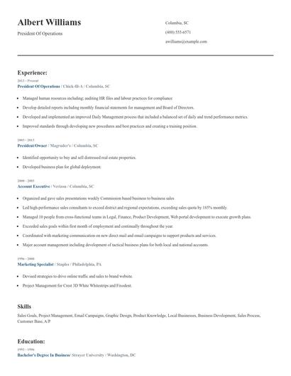 President Of Operations Resume