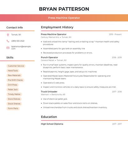 Press Machine Operator Resume