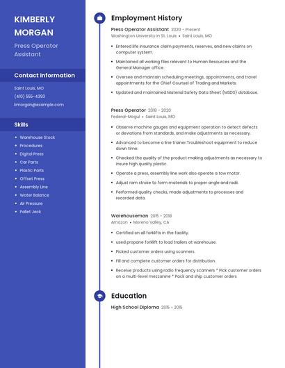 Press Operator Assistant Resume