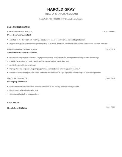 Press Operator Assistant Resume