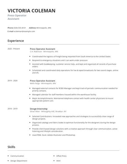 Press Operator Assistant Resume
