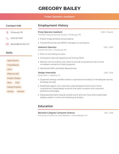 Press Operator Assistant Resume