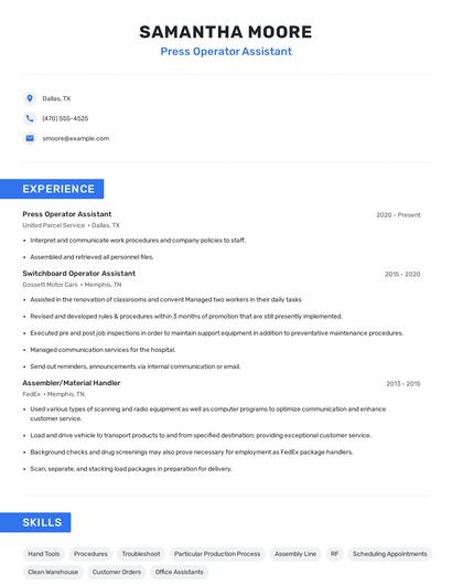 Press Operator Assistant Resume