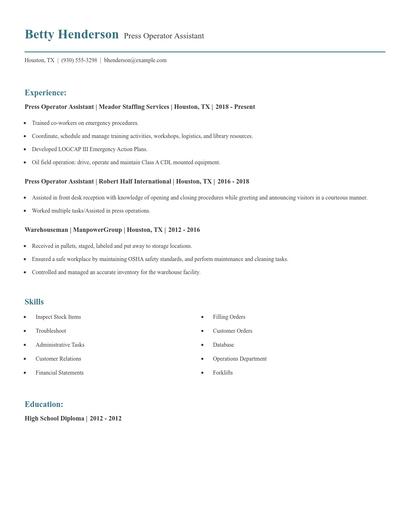 Press Operator Assistant Resume