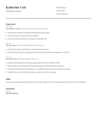 Press Operator Assistant Resume