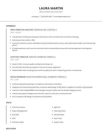 Press Operator Assistant Resume