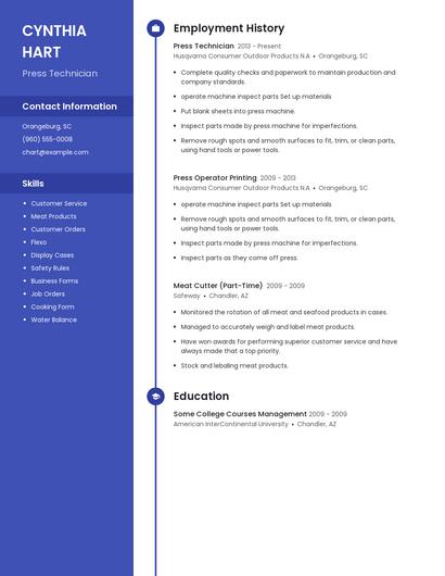Press Technician Resume