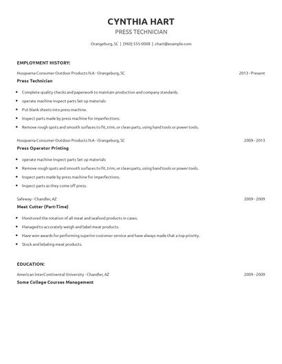 Press Technician Resume