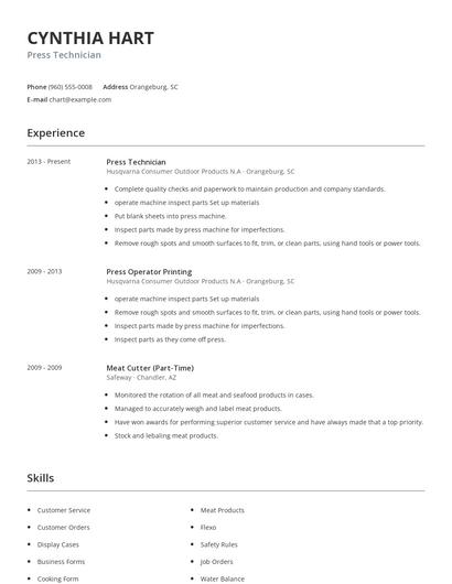 Press Technician Resume