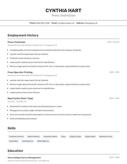 Press Technician Resume