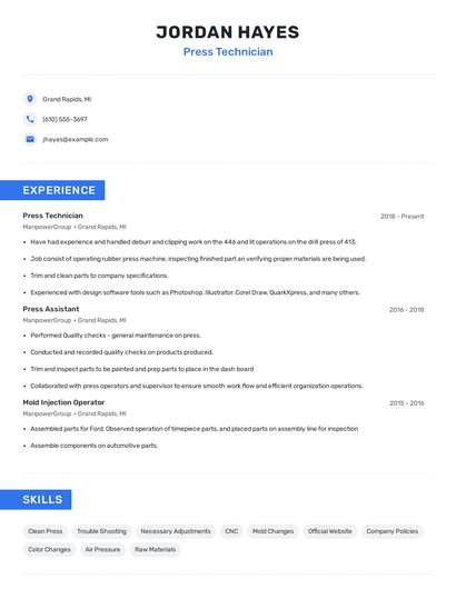 Press Technician Resume