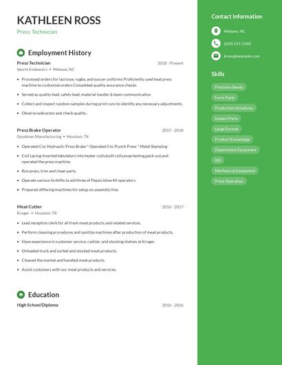 Press Technician Resume