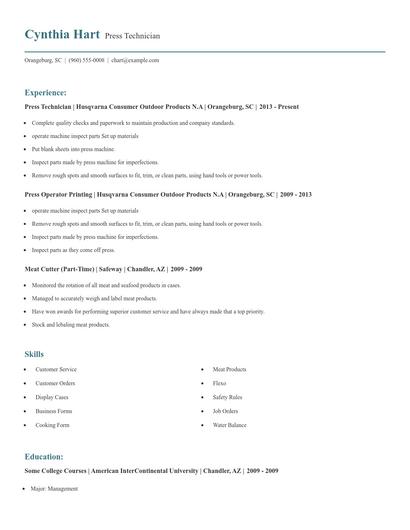 Press Technician Resume