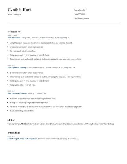 Press Technician Resume