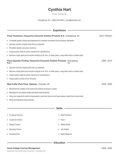 Press Technician Resume