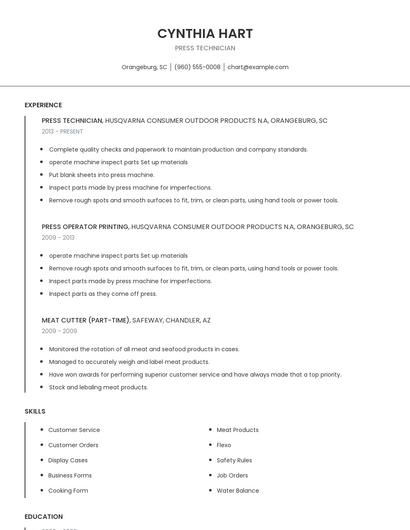 Press Technician Resume