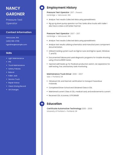 Pressure Test Operator Resume