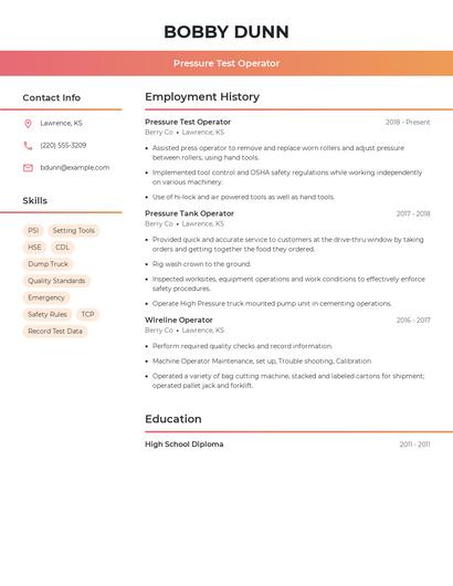 Pressure Test Operator Resume