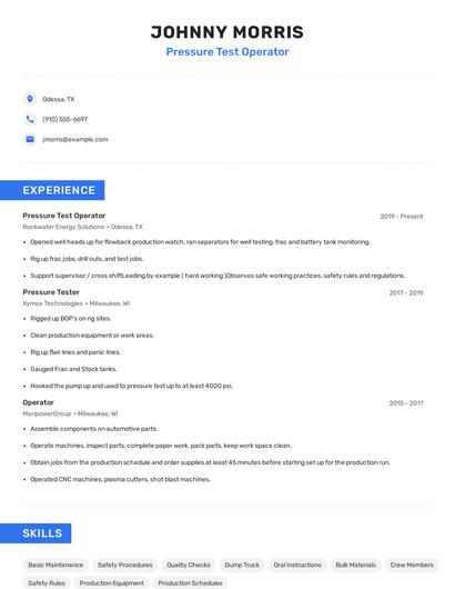 Pressure Test Operator Resume