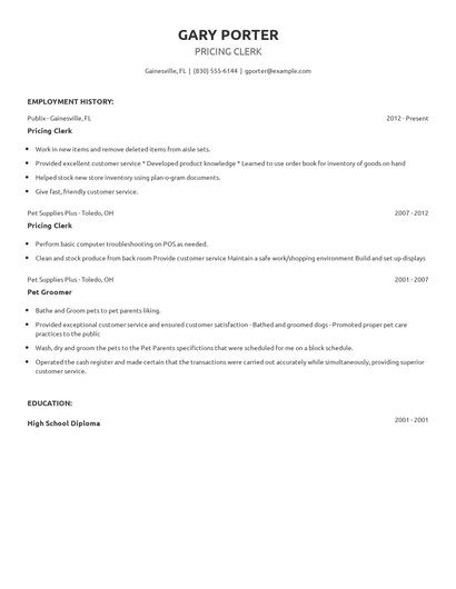 Pricing Clerk Resume