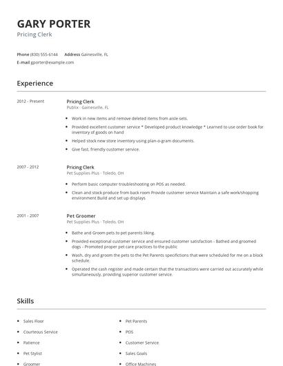 Pricing Clerk Resume