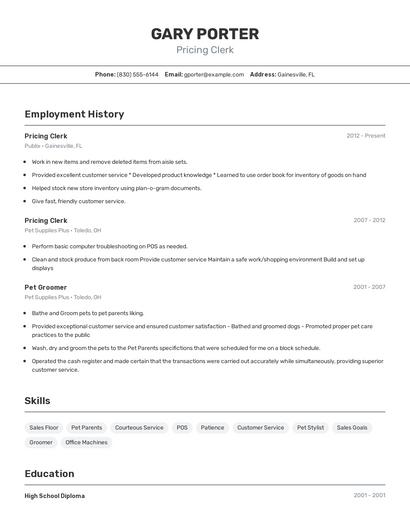 Pricing Clerk Resume