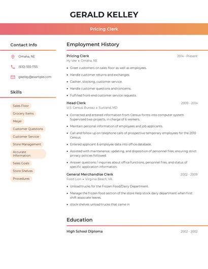 Pricing Clerk Resume