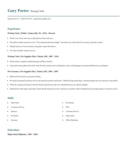 Pricing Clerk Resume
