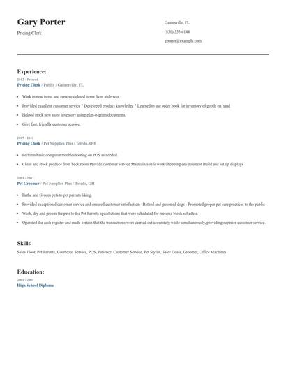 Pricing Clerk Resume