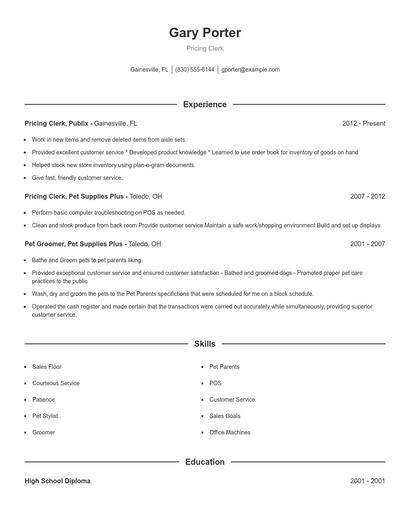 Pricing Clerk Resume