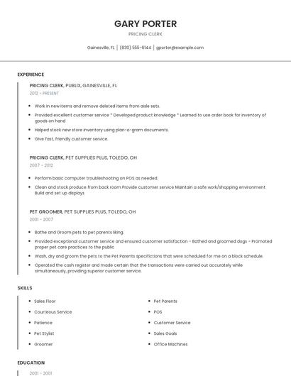 Pricing Clerk Resume