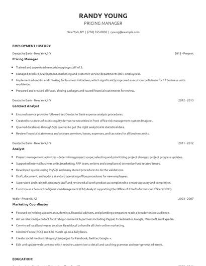 Pricing Manager Resume