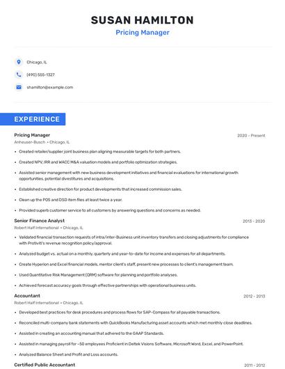 Pricing Manager Resume
