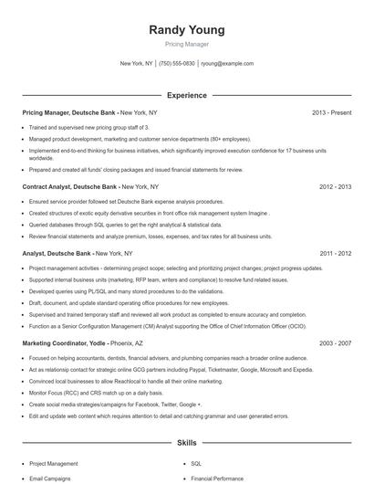 Pricing Manager Resume