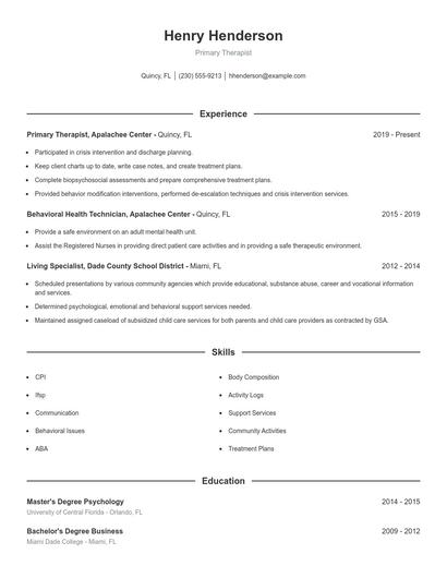 Primary Therapist Resume