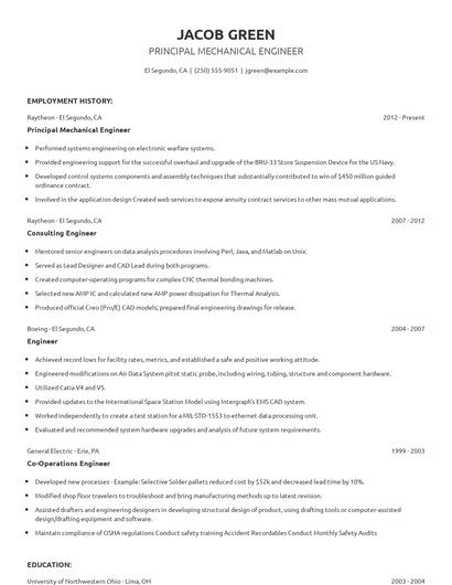 Principal Mechanical Engineer Resume
