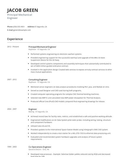 Principal Mechanical Engineer Resume