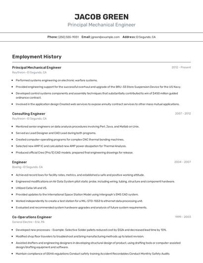 Principal Mechanical Engineer Resume
