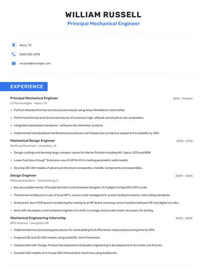 Principal Mechanical Engineer Resume