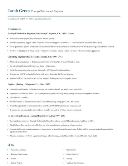 Principal Mechanical Engineer Resume