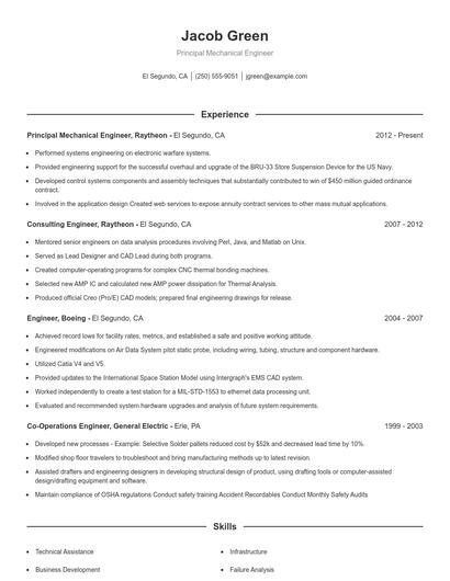 Principal Mechanical Engineer Resume